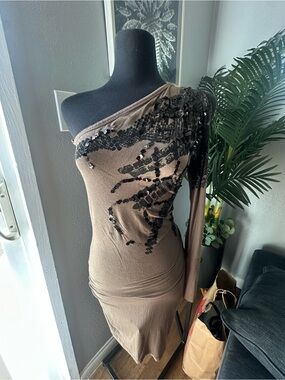 One-Shoulder Taupe Dress with Black Sequin Accent